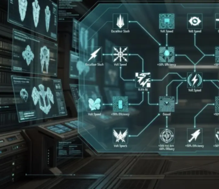 Technical blueprint diagram mapping Warframe abilities and Mod synergies