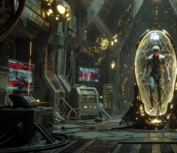 Tenno awakening inside a ruined Orokin vault bathed in cold light.