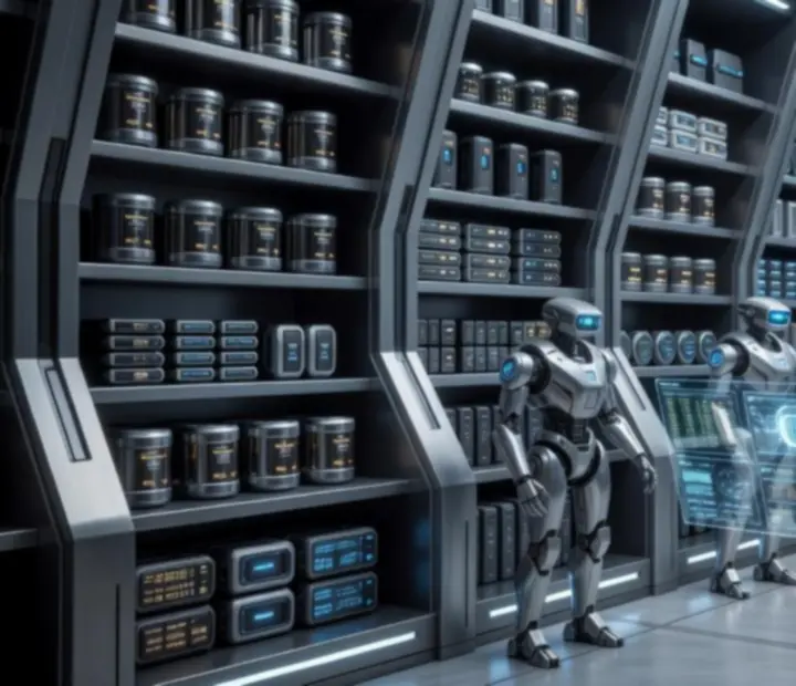 Corpus trader standing within a high-tech vault filled with terminals and robotic proxies