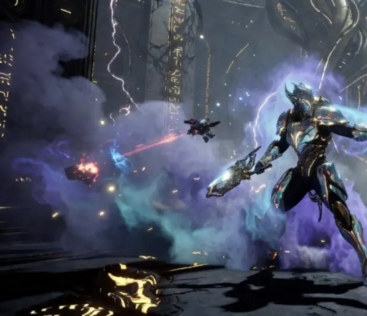 Endgame Warframe build in combat across a cinematic Origin System battlefield