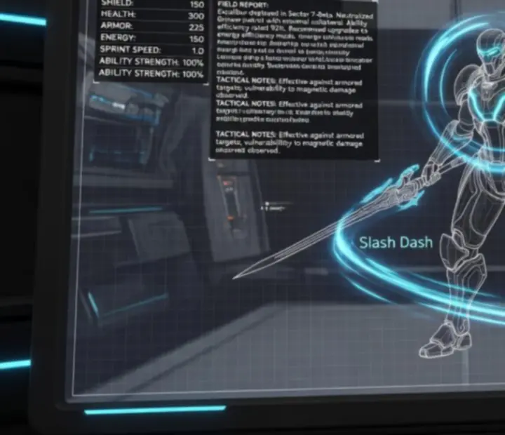 Excalibur Warframe standing in a shattered Orokin corridor with tactical overlays