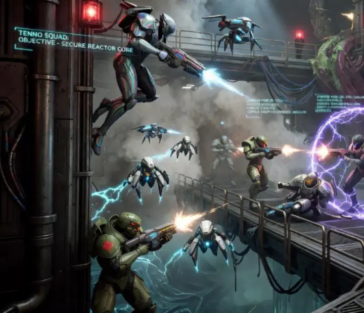 Warframes in combat against multiple enemy factions across a dark sci-fi battlefield