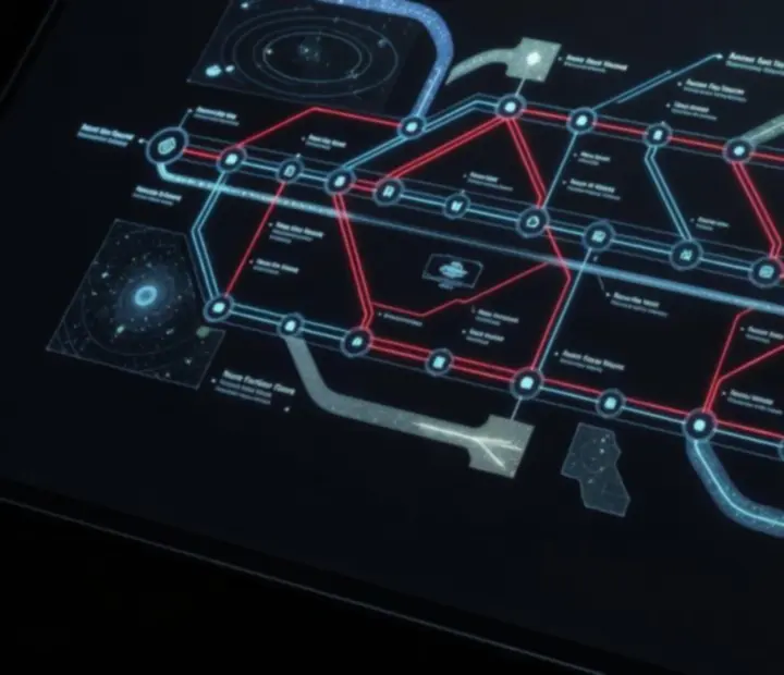 Stylised Warframe faction wars timeline with annotated conflicts and shifting territories