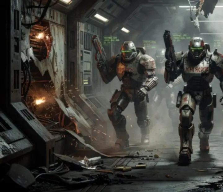 Armoured Grineer troopers patrolling an industrial outpost