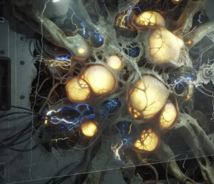 A research team observing a pulsating Infested nest and twisted biomass