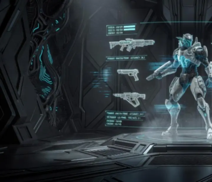 Cinematic Tenno loadout command station displaying Warframe, weapon and companion schematics