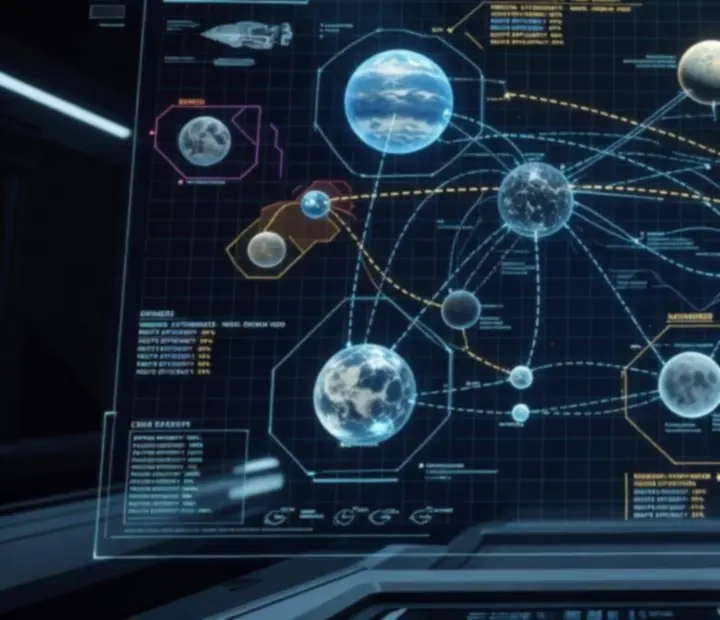 Origin System mission navigation map display with planets, routes and nodes