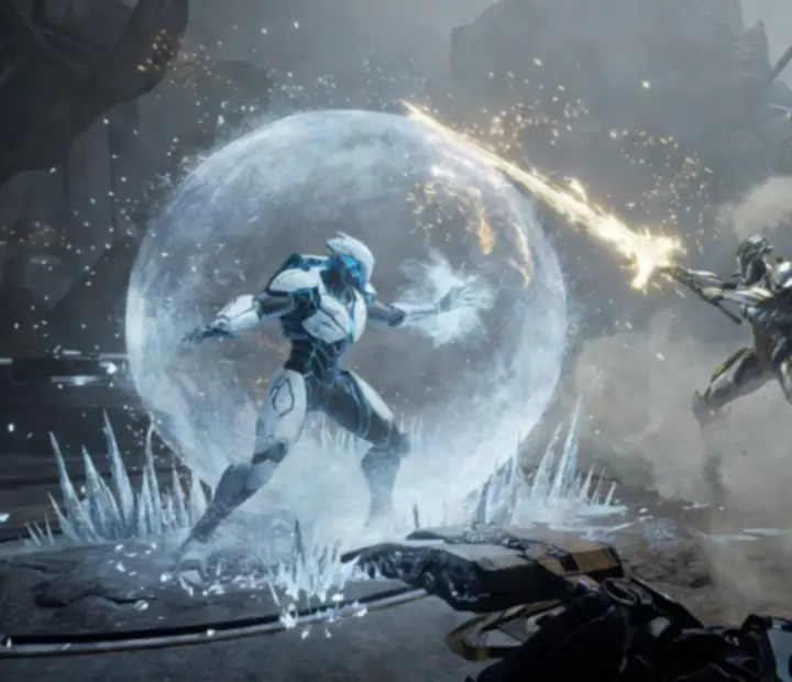 Australian Warframe squad unleashing coordinated ability combos in a chaotic battlefield