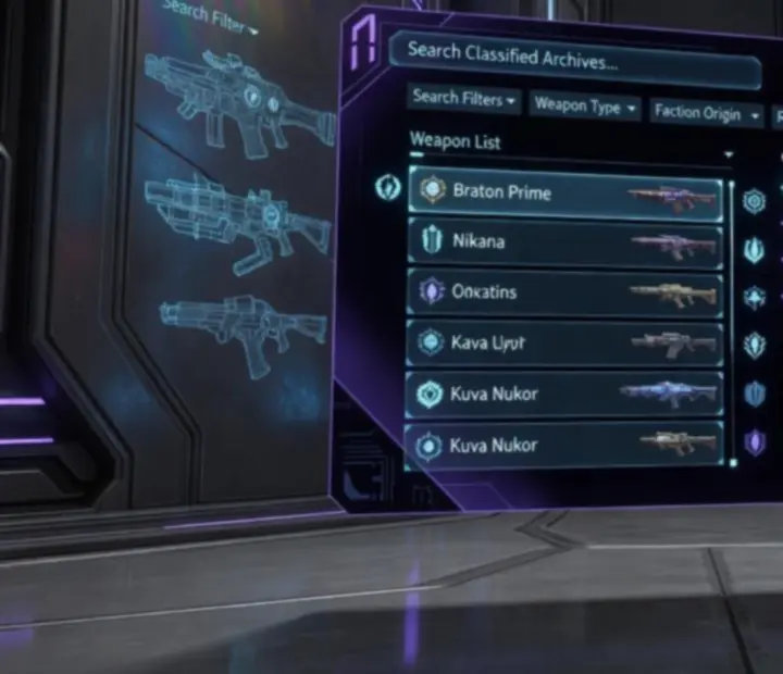 Holographic weapons terminal interface in a Warframe-inspired Origin System setting