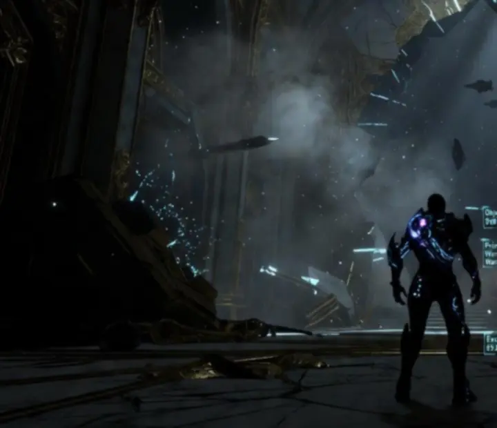 A lone Warframe standing in a ruined Orokin structure with distant spacecraft and atmospheric fog.