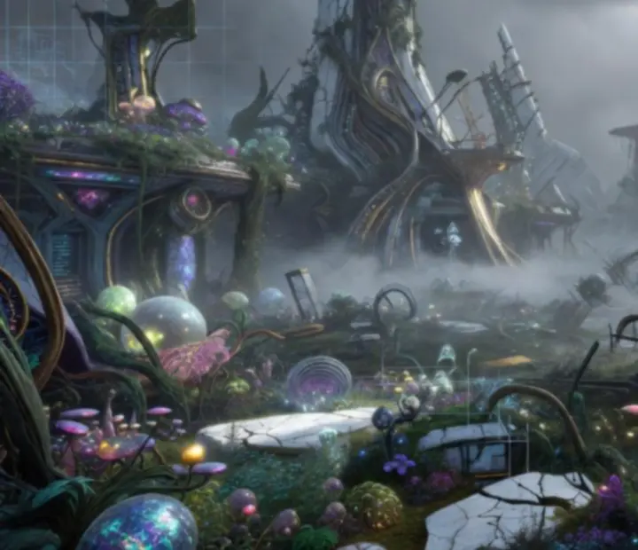 Ruined Earth landscape with fog, overgrown Orokin-era debris and distant structures.