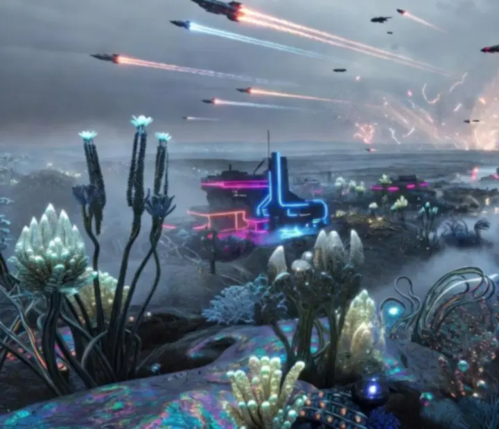 Atmospheric Origin System landscape showing a futuristic outpost and distant planetside terrain.