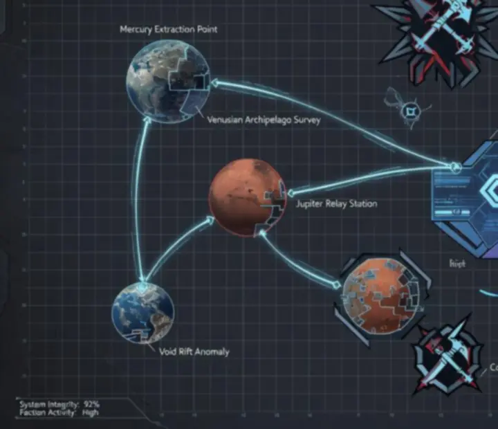 Stylised Origin System map showing planets, mission routes and highlighted nodes.