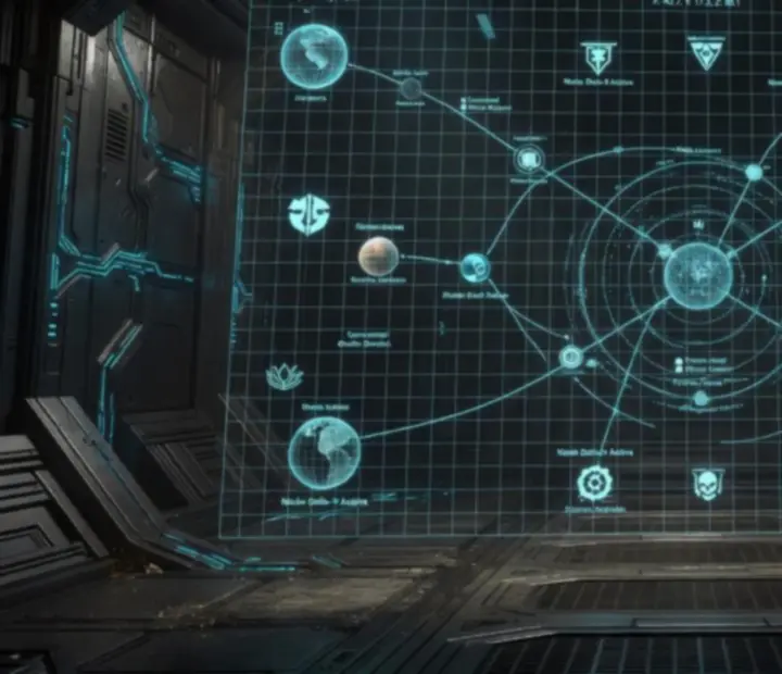 Stylised Origin System mission grid showing planets linked by tactical nodes