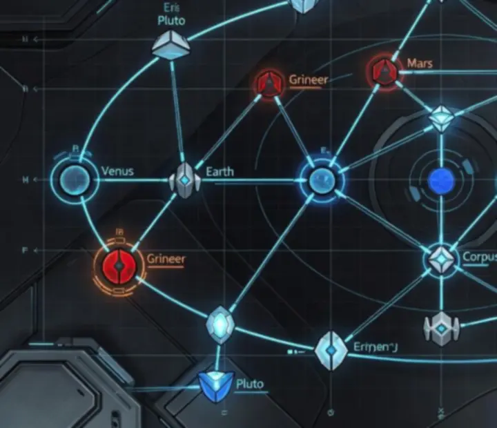 Stylised Origin System map showing planets, mission nodes, faction territories and orbital paths.
