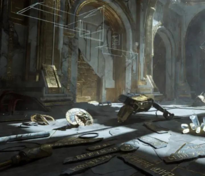 Crumbling Orokin vault bathed in golden light and void energy