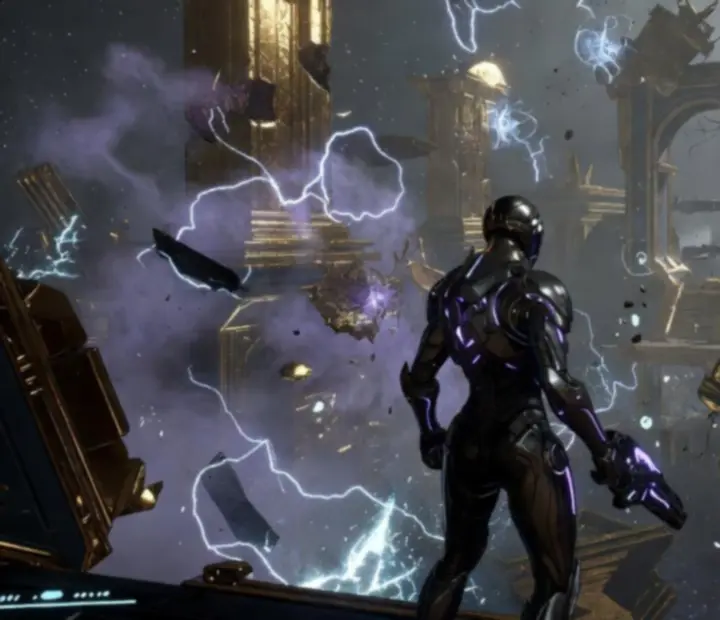 Cinematic view of a Void Fissure mission inside a ruined Orokin structure
