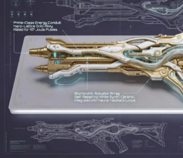 Orokin-style Prime weapon blueprint with holographic parts breakdown