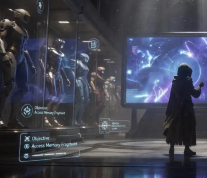 A lone Warframe framed by a pale childlike silhouette in a cold, star‑lit chamber