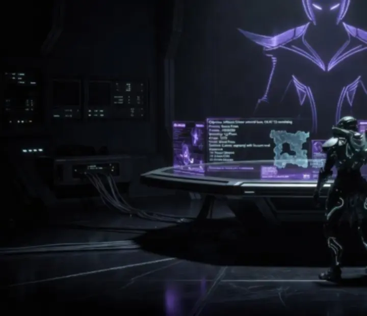 Tenno and the Lotus in a dimly lit briefing chamber with holographic Origin System displays