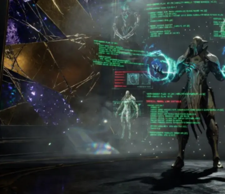 Warframe frozen mid-ability activation inside a holographic archive interface