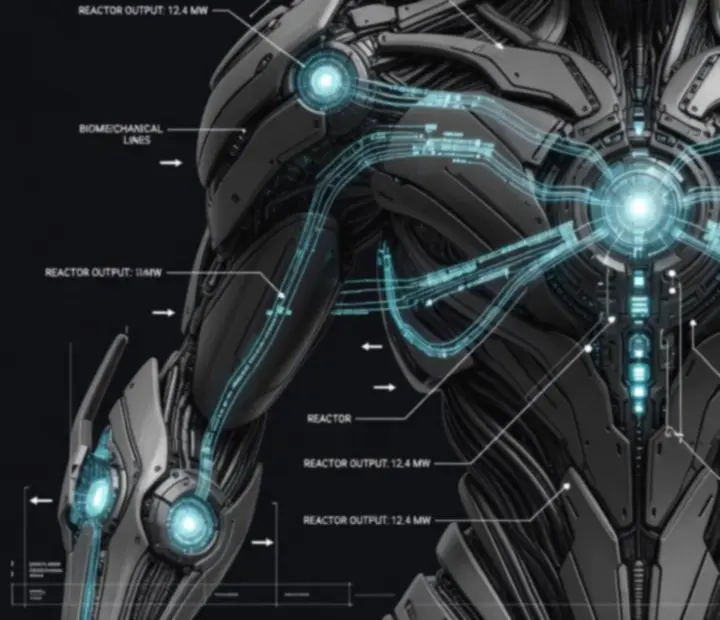 Technical schematic overlay of a Warframe exo-chassis highlighting ability conduits and emitters