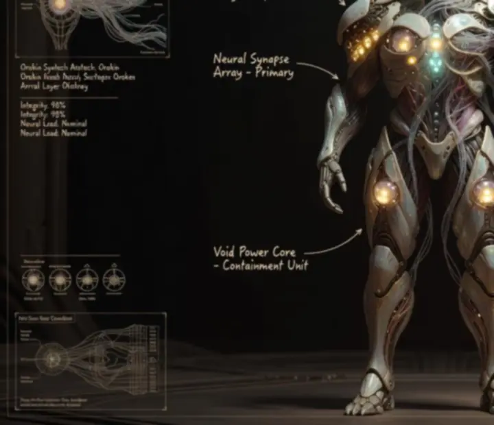 Biomechanical cutaway of a Warframe revealing internal Orokin technology and neural conduits