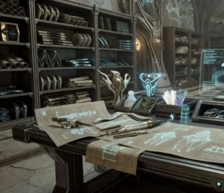 Warframe blueprints and fabrication schematics displayed on a holographic table