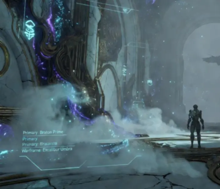 A lone Warframe stands in a ruined Orokin hall, cold fog drifting through the Origin System.