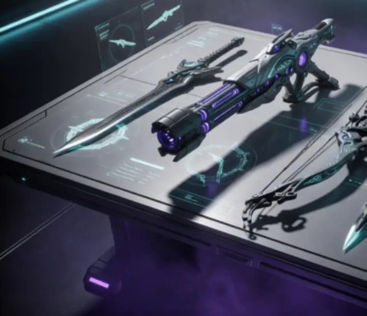 Blueprint-style display of iconic Warframe weapons in the Origin System