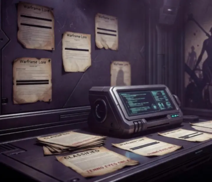 Warframe lore documents and holographic projections arranged in a classified archive