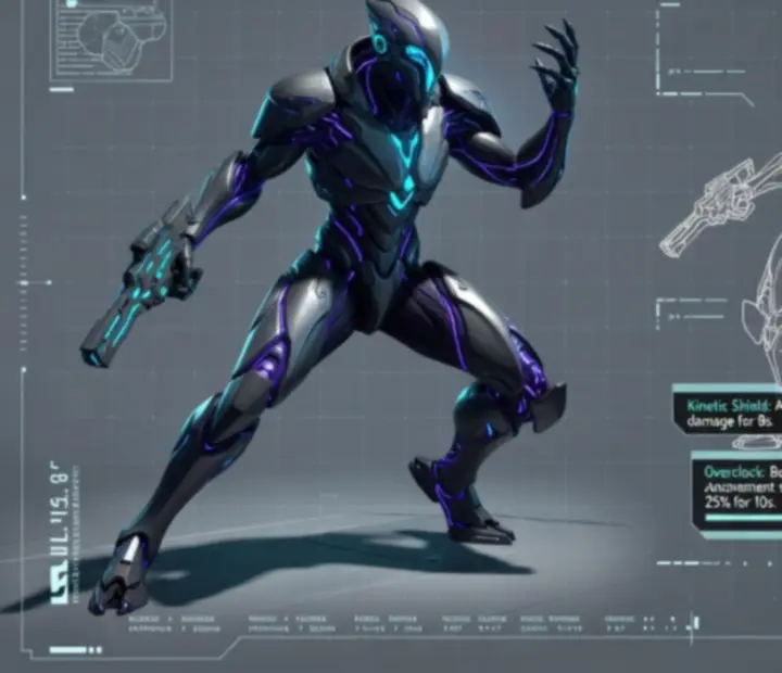 Dossier-style Warframe profile sheet showing cinematic art and technical ability schematics.