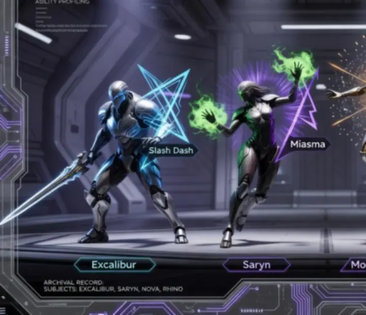 Composite profiles of iconic Warframes displaying signature abilities and tactical overlays