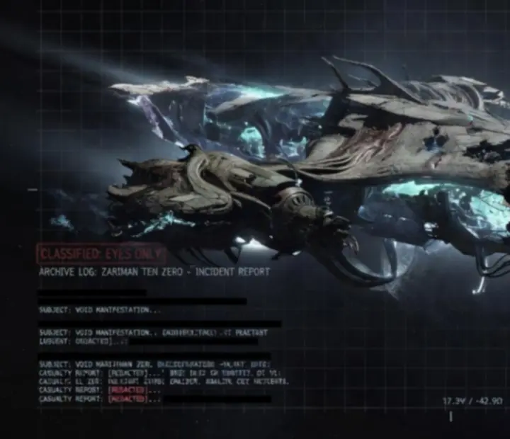 A void‑scarred Zariman ship fragment suspended in a cold, holographic archive